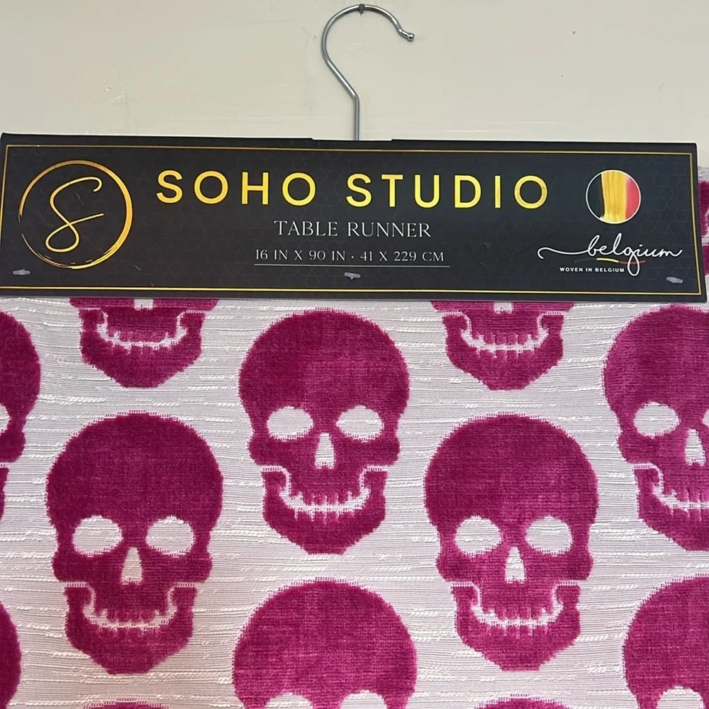 Soho Studio Goth Glam Belgium Woven Magenta Pink Velvet Skull Table Runner NWT